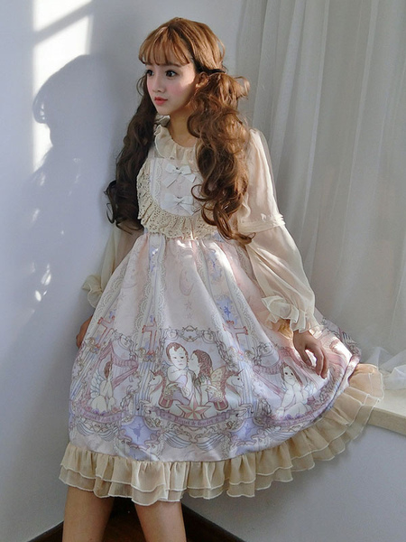 Image of Sweet Lolita JSK Dress Print Ruffle Apricot Lolita Jumper Skirt