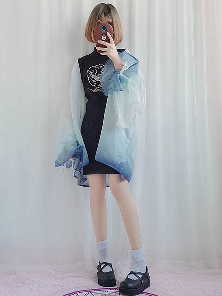 Image of Chinese Style Lolita Cover Up Print Ombre Tassel Chiffon Lolita Outerwear