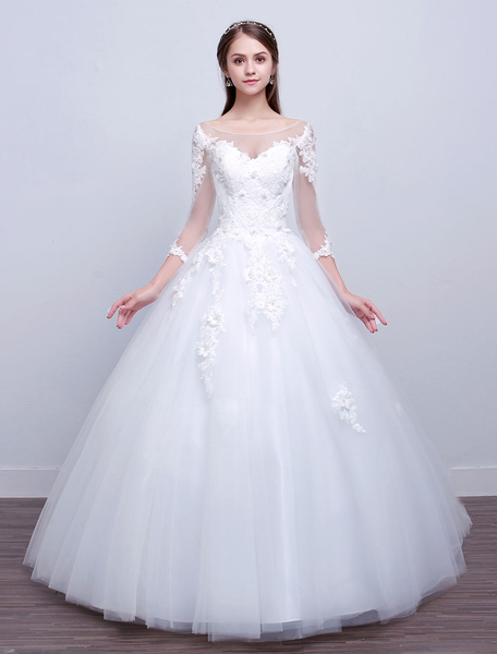 Milanoo Princess Ball Gown Wedding Dresses Long Sleeve Lace Illusion Ivory Floor Length Bridal Dress