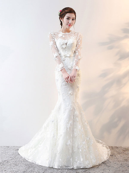 Milanoo Wedding Dresses Long Sleeve Mermaid Flowers Applique Bows Ivory Bridal Dress With Train