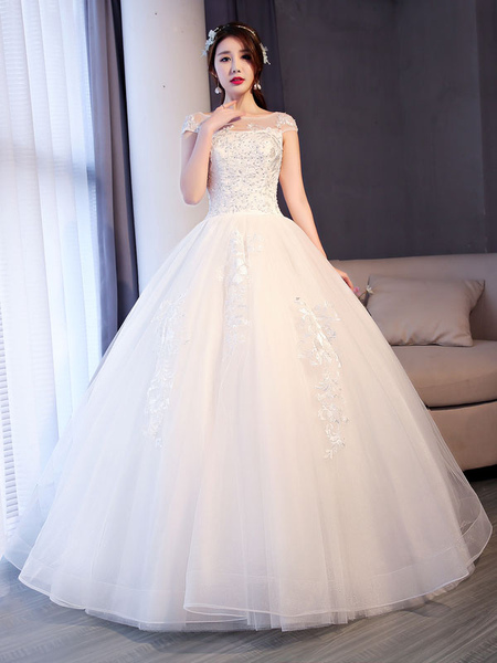 Milanoo Princess Wedding Dresses Lace Beaded Ball Gowns Sleeveless Floor Length Bridal Dress