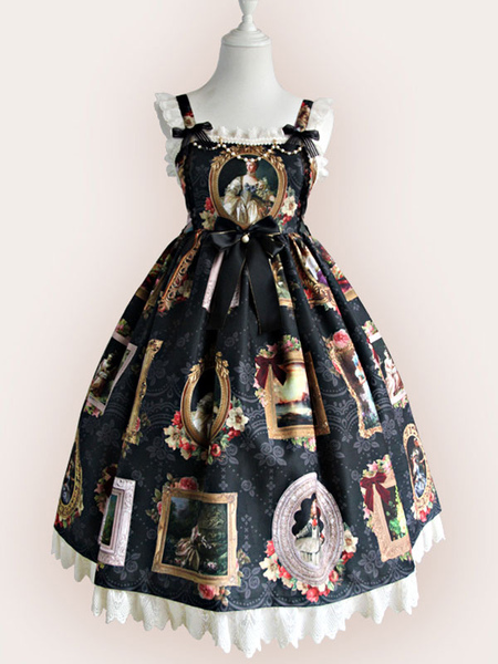 Milanoo Sweet Lolita JSK Dress Versailles Girls Print Ruffle Bow Chiffon Black Lolita Jumper Skirt