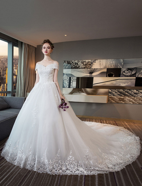 Milanoo Ivory Wedding Dresses Off The Shoulder Lace Beading Cathedral Train Bridal Dress