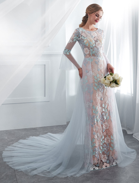 Milanoo Colored Wedding Dresses Baby Blue Lace Long Sleeve Bridal Dress With Train