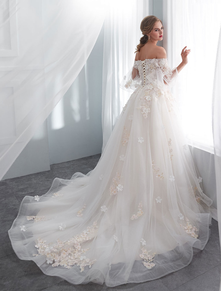 Milanoo Princess Wedding Dresses Half Sleeve Off Shoulder Lace Flowers Pearls Applique Ivory Bridal