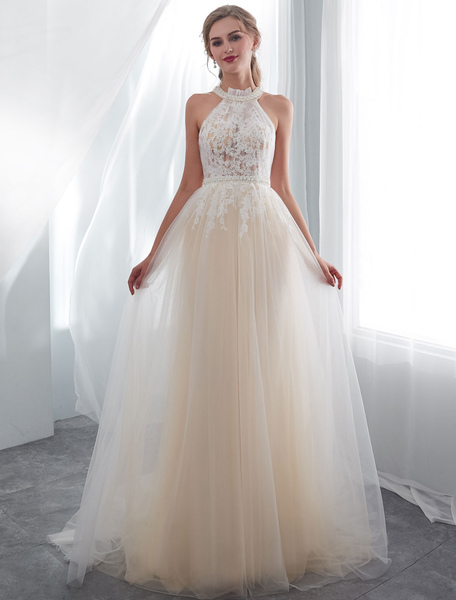Milanoo Beach Wedding Dresses Halter Champagne Lace Tulle Beaded Flowers Bridal Gowns With Train
