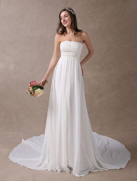 Milanoo Beach Wedding Dresses Ivory Chiffon Strapless Lace Beaded Summer Bridal Gowns With Train