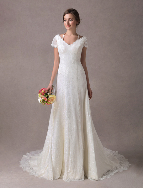 Milanoo Lace Wedding Dresses Ivory V Neck Short Sleeve A Line Straps Bridal Gowns With Train