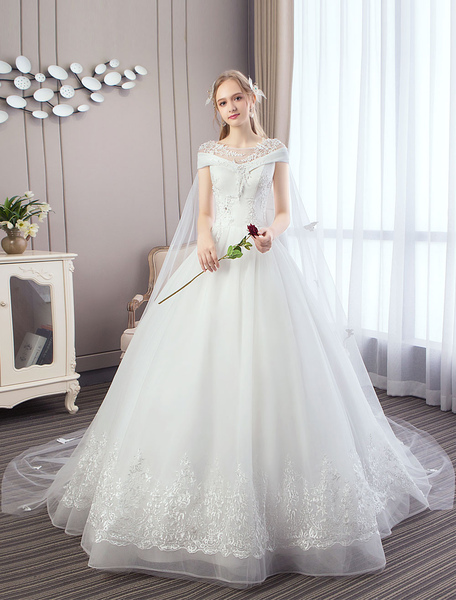 Milanoo Princess Wedding Dresses Lace Watteau Train Applique Beaded Ivory Bridal Gowns
