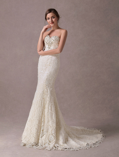 Milanoo Mermaid Wedding Dresses Lace Strapless Ivory Sweetheart Beaded Bridal Dress With Train