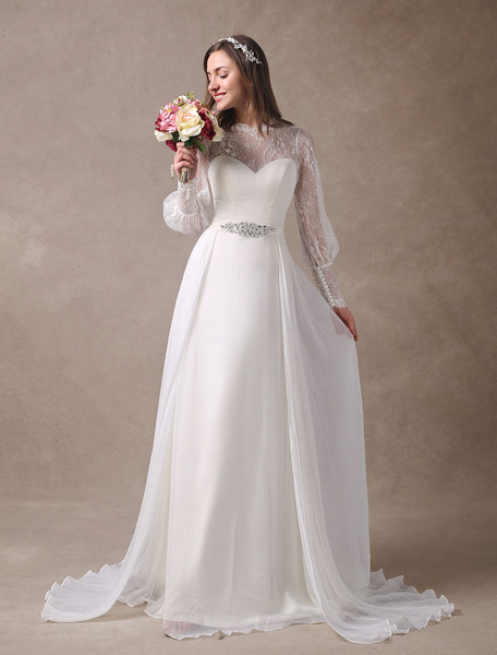 Milanoo White Wedding Dresses Long Sleeve Lace Chiffon Beading Sash Illusion Beach Bridal Dress With