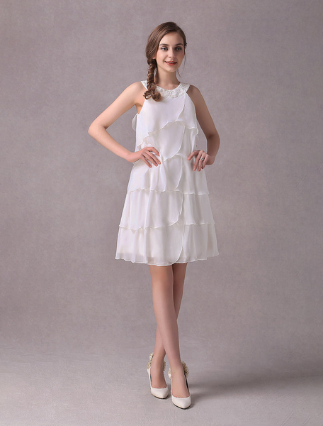 Milanoo Simple Wedding Dresses Ivory Chiffon Cocktail Party Dress Beaded Tiered A Line Halter Short