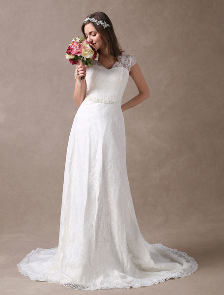 Milanoo Lace Wedding Dresses Ivory V Neck Chiffon Beading Sash Cap Sleeve Bridal Dress With Train