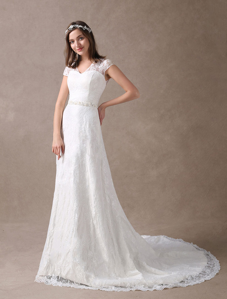 Milanoo Lace Wedding Dresses Ivory V Neck Chiffon Beading Sash Cap Sleeve Bridal Dress With Train