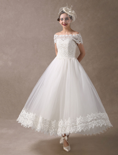 Milanoo Vintage Wedding Dresses 1950S Off The Shoulder Ivory Lace Short Sleeve Ankle Length Bridal D