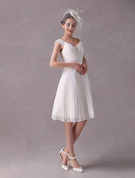 Milanoo Kurze Brautkleid Vintage Elfenbein Plissee Chiffon Sash Lace Knielänge Bridal Empfang Kleid