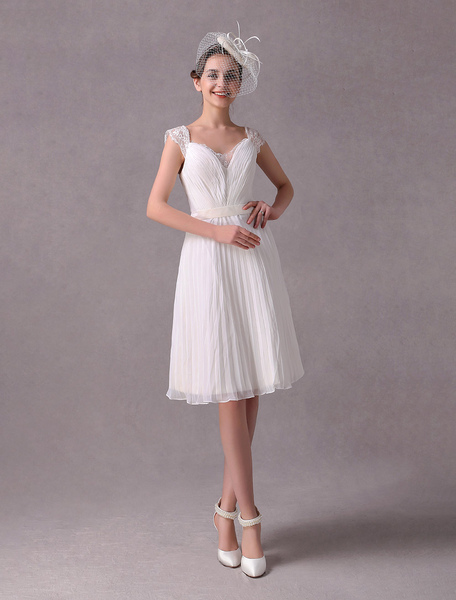 Milanoo Kurze Brautkleid Vintage Elfenbein Plissee Chiffon Sash Lace Knielänge Bridal Empfang Kleid