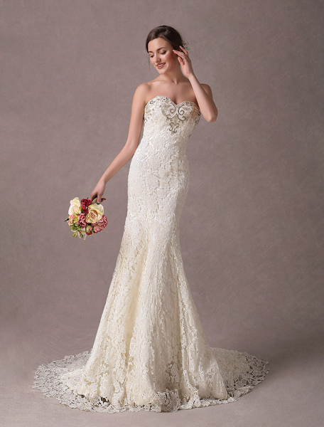 Milanoo Mermaid Wedding Dresses Lace Strapless Ivory Sweetheart Beaded Bridal Dress With Train