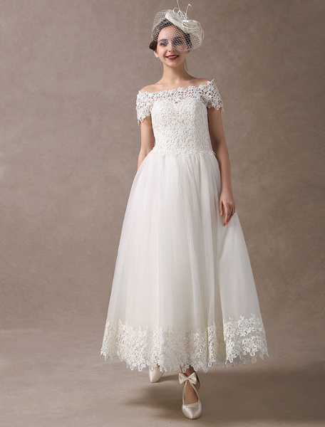 Milanoo Vintage Wedding Dresses 1950S Off The Shoulder Ivory Lace Short Sleeve Ankle Length Bridal D
