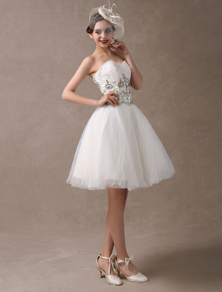 Milanoo Brautkleider kurze Vintage 1950er Jahre Perlen trägerlosen Schatz Brautempfang Kleid