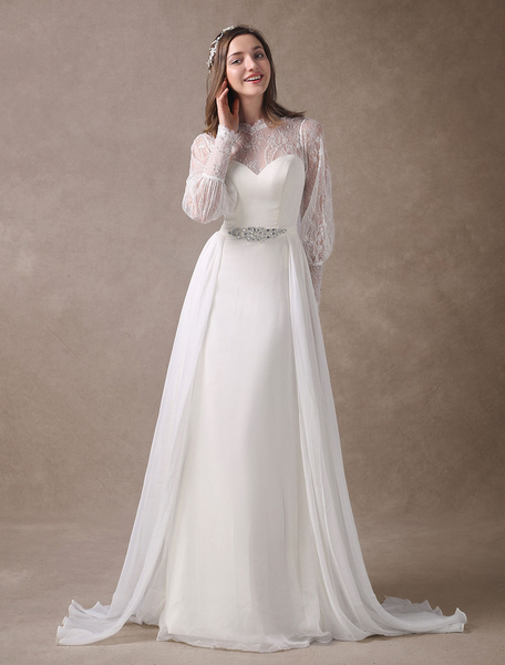 Milanoo White Wedding Dresses Long Sleeve Lace Chiffon Beading Sash Illusion Beach Bridal Dress With