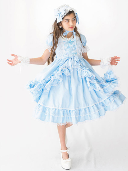 Image of Rococo Lolita OP Dress Lace Trim Bow Ruffle Light Blue Sky Bambini Lolita One Piece Dress