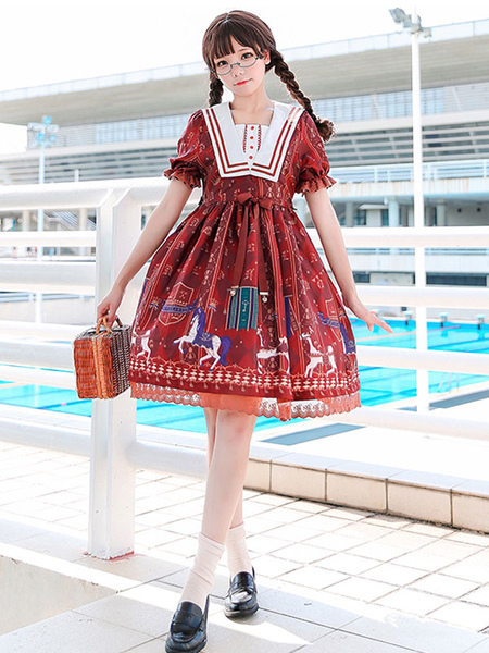 Image of Sweet Lolita OP Vestito Royal Trojan Bow Stampa Chiffon Borgogna Lolita One Piece Dress