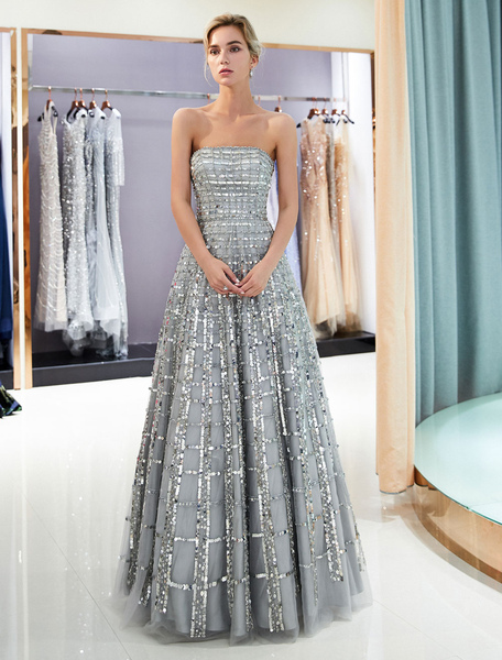 Milanoo Prom Dresses Long Strapless Sequin Light Grey Floor Length Luxury Women Pageant Dress