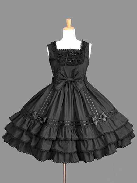 Milanoo Sweet Lolita JSK Dress Lace Up Bow Ruffle Cotton Black Lolita Jumper Skirt