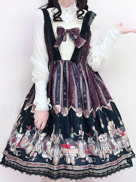 Milanoo Classic Lolita JSK Dress Lace Trim Bow Pleated Black Lolita Jumper Skirt