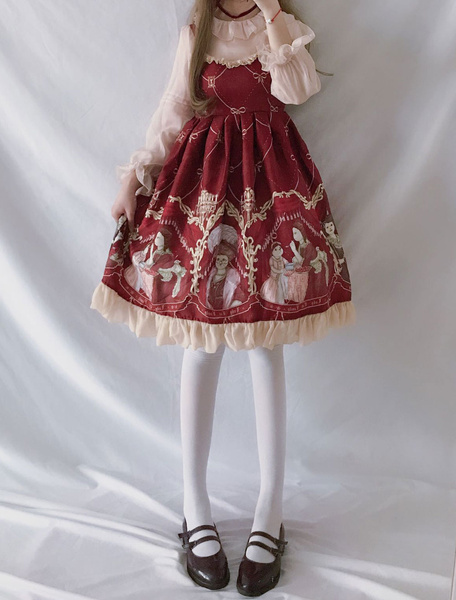 Image of Sweet Lolita JSK Dress Print Ruffle Burgundy Lolita Jumper Skirt