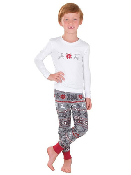Milanoo Children's Christmas Family Pajamas Matching Kids White Printed Top And Pants 2 Piece Set