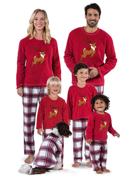 Milanoo Children's Family Pajamas Christmas Kids Red Plaid Reindeer Top And Pants 2 Piece Set
