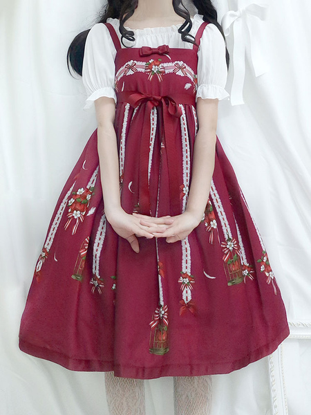 Milanoo Sweet Lolita JSK Dress Print Bow Pleated Lolita Jumper Skirt