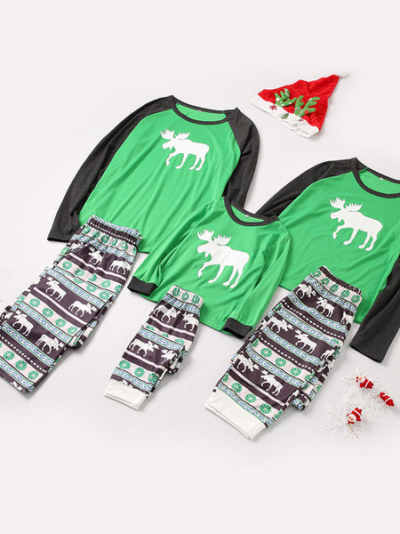 Milanoo Men's Family Pajamas Christmas Father Green Reindeer Printed Top And Pants 2 Piece Set