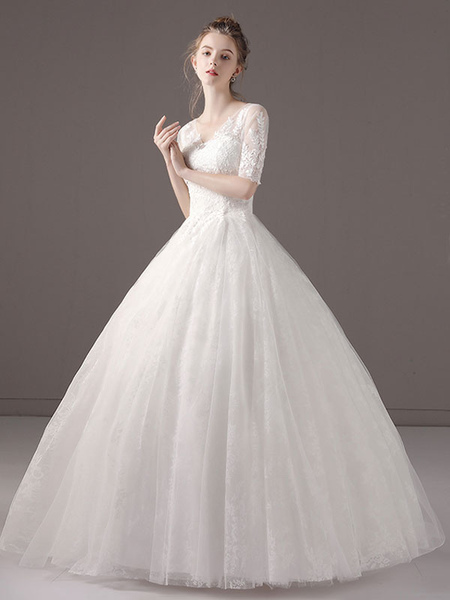 Milanoo Wedding Dresses Princess Ball Gown Ivory Half Sleeve V Neck Lace Beaded Floor Length Bridal