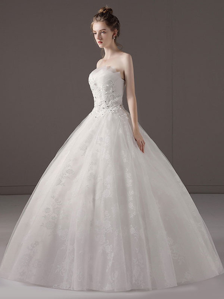 Milanoo Princess Ball Gown Wedding Dresses Strapless Lace Applique Beaded Ivory Maxi Bridal Dress