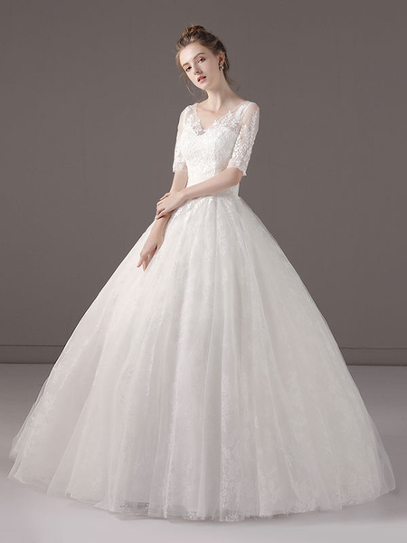 Milanoo Wedding Dresses Princess Ball Gown Ivory Half Sleeve V Neck Lace Beaded Floor Length Bridal