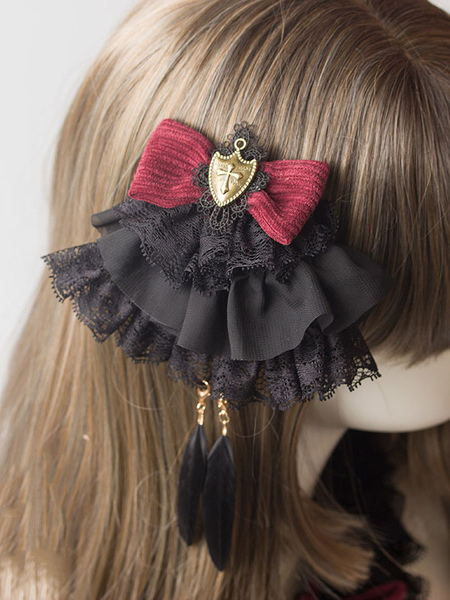 Image of Gothic Lolita Hairpin Lace Ruffle Bow Lolita Accessorio per capelli