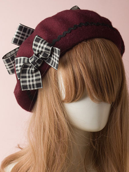 chapeau bowler lolita classique lolita beret plaid bow wool burgundy déguisements halloween
