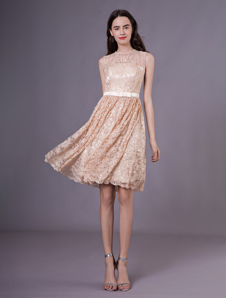 Image of Short Prom Dress Lace Champagne Short Keyhole Cocktail Party Dress