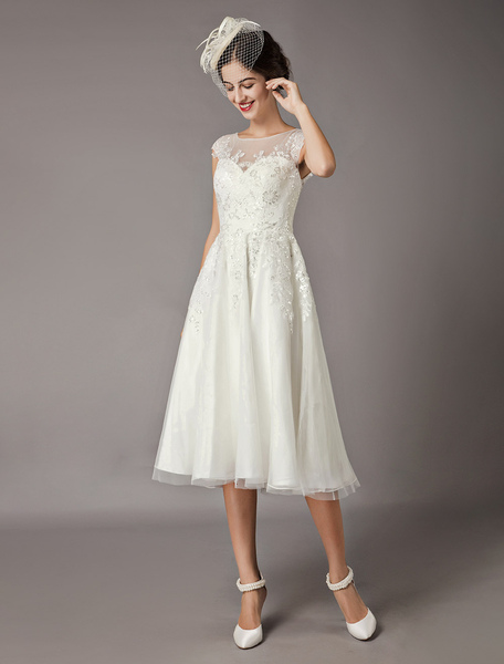 Milanoo Vintage Wedding Dresses Short Lace Tulle Sequin Tea Length Ivory Bridal Dress