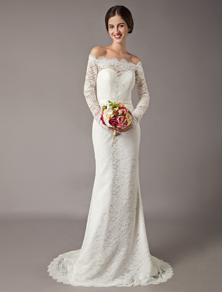 Milanoo Lace Wedding Dresses Off The Shoulder Long Sleeve Beaded Sash Bridal Gowns With Train