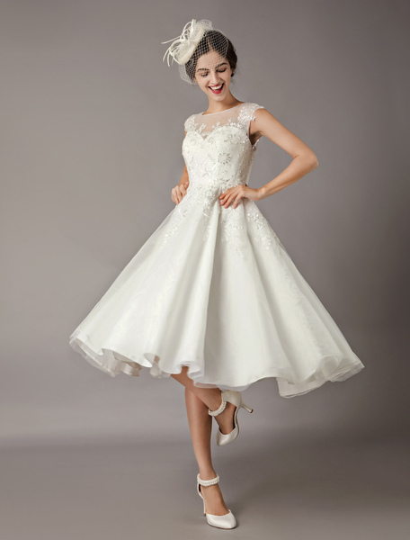 Milanoo Vintage Wedding Dresses Short Lace Tulle Sequin Tea Length Ivory Bridal Dress
