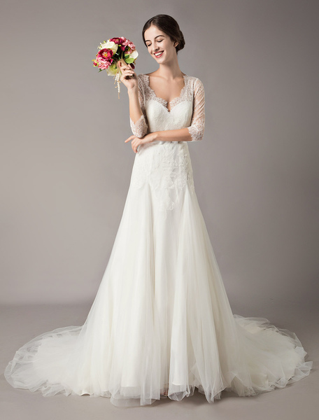 Milanoo Wedding Dresses A Line Ivory V Neck Lace Tulle Half Sleeve Bridal Dress With Train