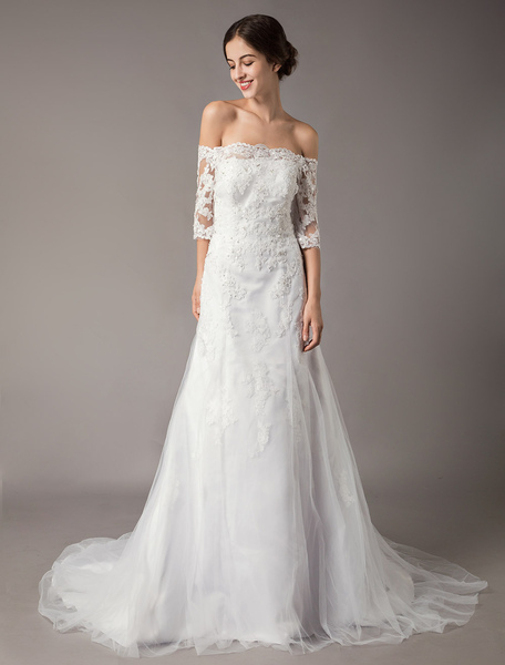 Milanoo Wedding Dresses Ivory Lace Off Shoulder Half Sleeve Sequin Applique Bridal Dress With Train