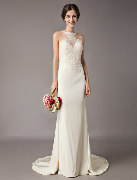 Milanoo Wedding Dresses Ivory Lace Sleeveless Illusion Sheath Column Bridal Gowns With Train
