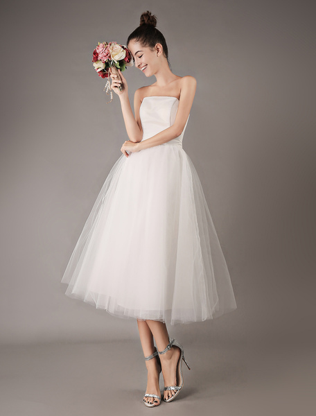 milanoo.com Vintage Wedding Dresses Short Tulle Strapless Tea Length Bridal Dress
