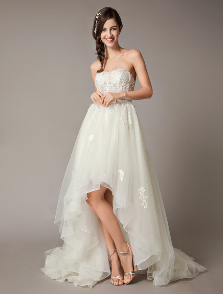 Milanoo High Low Wedding Dresses Strapless Lace Tulle Bow Sash Asymmetrical Summer Beach Bridal Dres