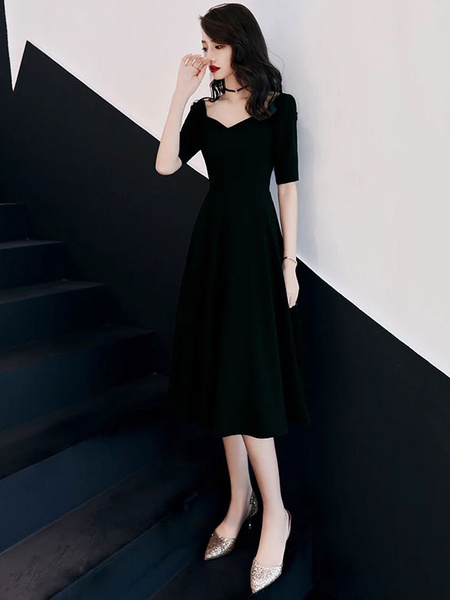 Image of Cocktail Dresses Dark Green Half Sleeve Queen Anne Neck A Line Tea Length Wedding Guest Party Dress